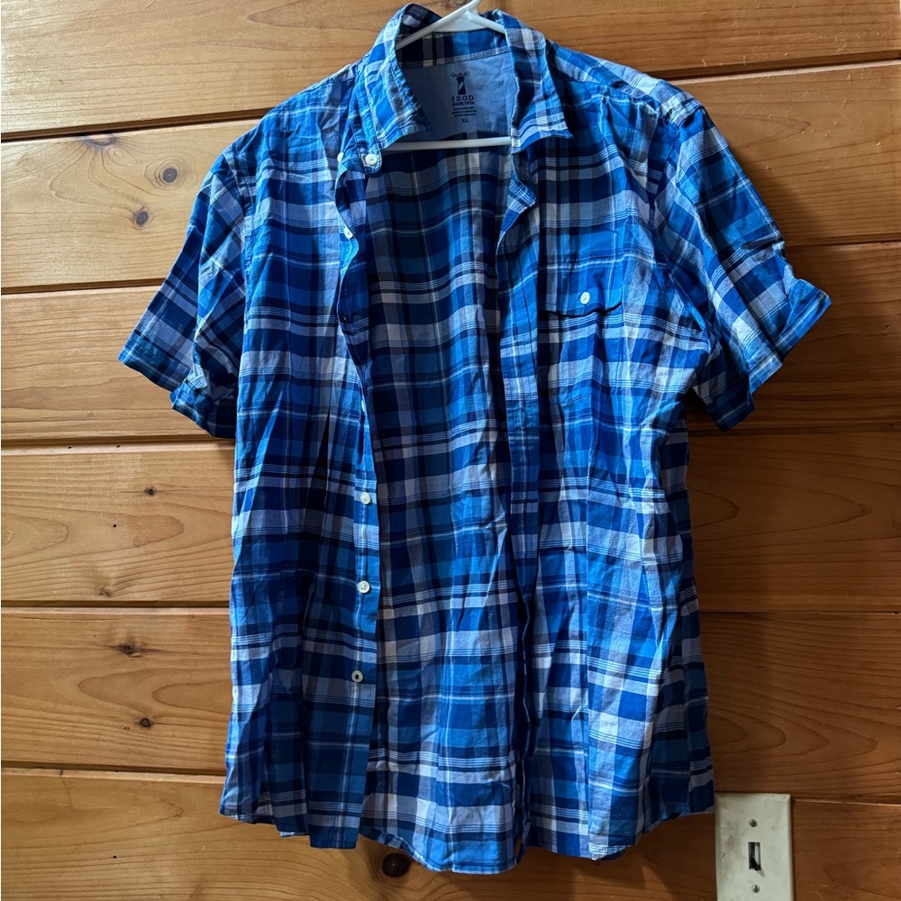 Izod Men's Blue and White Plaid Button Down Shirt